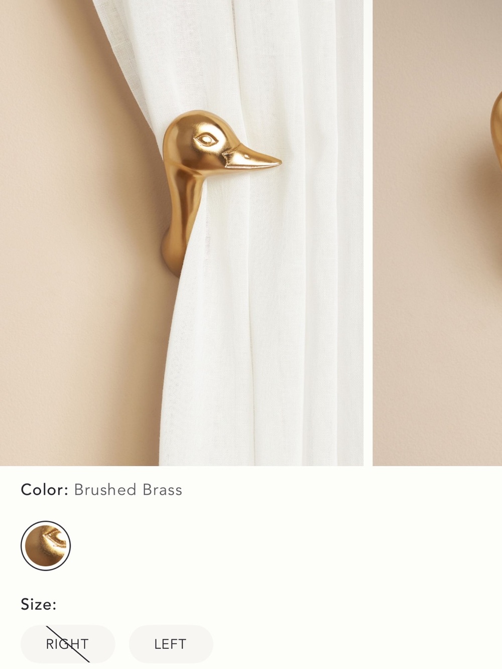 Anthropologie Brushed Brass Canard Duck Head Curtain Hook (right facing)